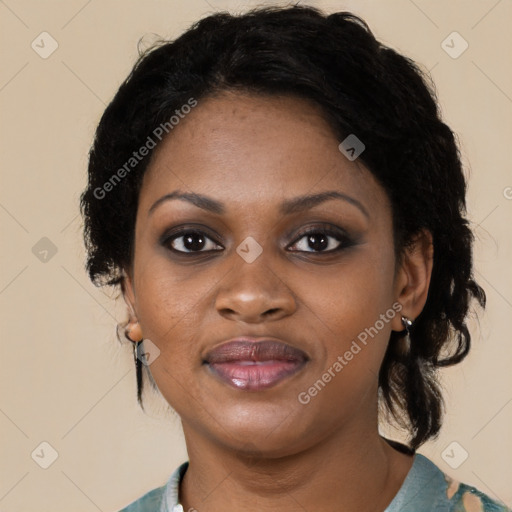 Joyful black adult female with medium  black hair and brown eyes