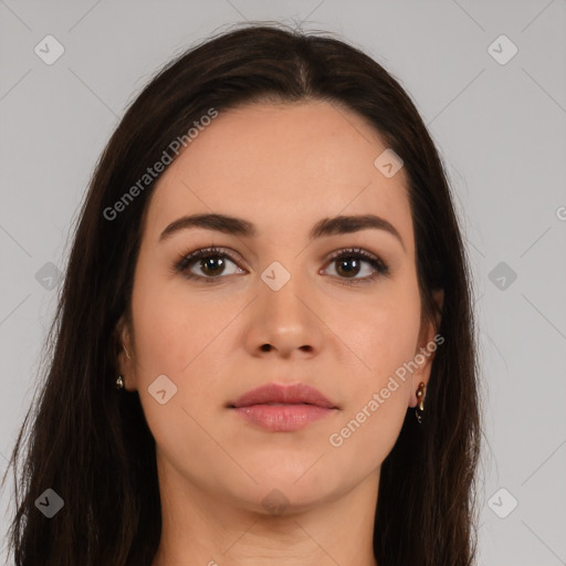 Neutral white young-adult female with long  brown hair and brown eyes