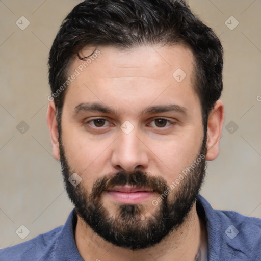 Neutral white young-adult male with short  black hair and brown eyes