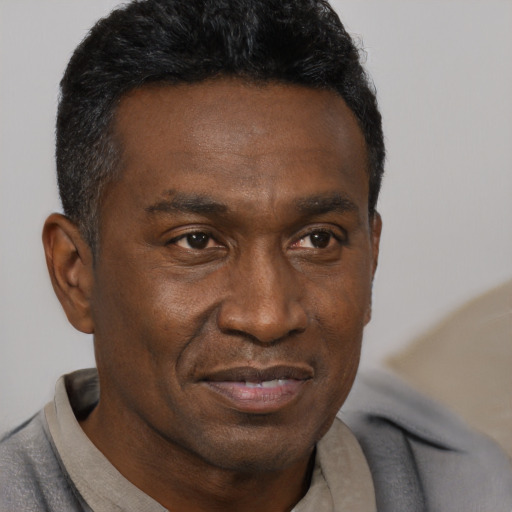 Joyful black adult male with short  brown hair and brown eyes