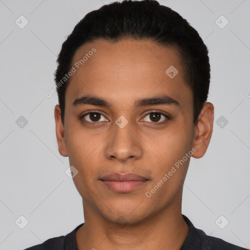 Neutral latino young-adult male with short  black hair and brown eyes