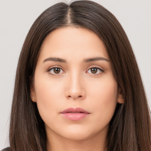 Neutral asian young-adult female with long  brown hair and brown eyes