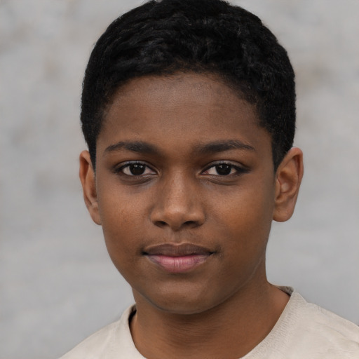 Neutral black young-adult female with short  black hair and brown eyes