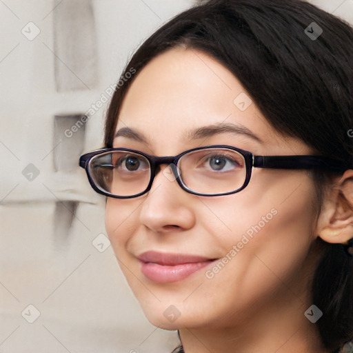 Joyful white young-adult female with medium  black hair and brown eyes