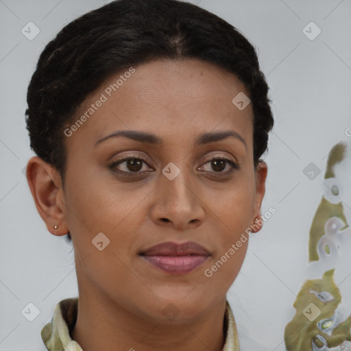 Joyful black young-adult female with short  brown hair and brown eyes