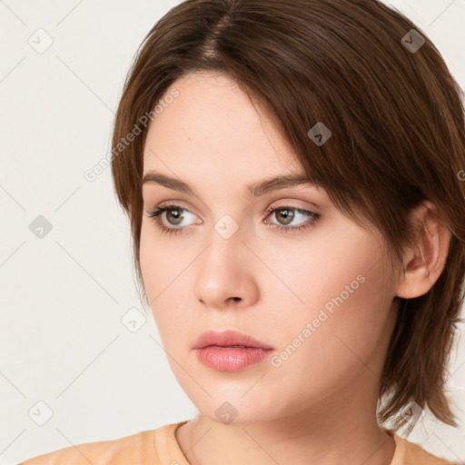 Neutral white young-adult female with medium  brown hair and brown eyes