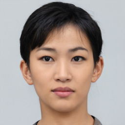 Neutral asian young-adult female with short  black hair and brown eyes