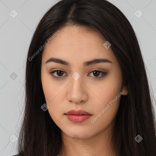 Neutral latino young-adult female with long  brown hair and brown eyes