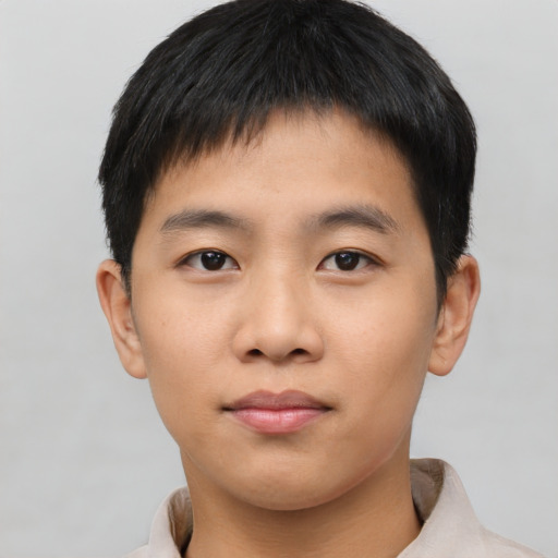 Neutral asian young-adult male with short  black hair and brown eyes