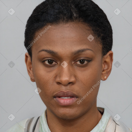 Neutral latino young-adult female with short  black hair and brown eyes