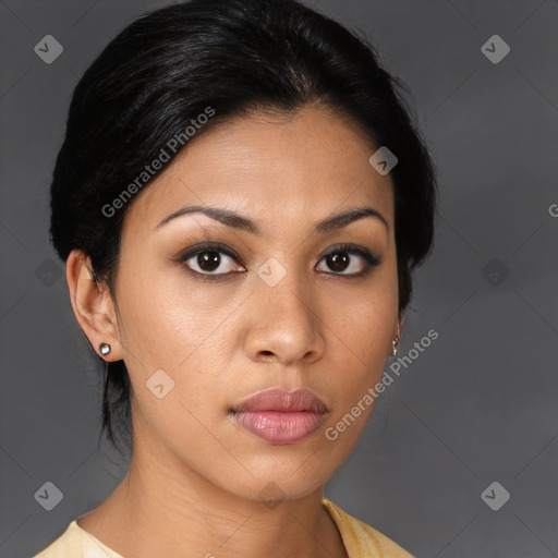 Neutral asian young-adult female with medium  brown hair and brown eyes