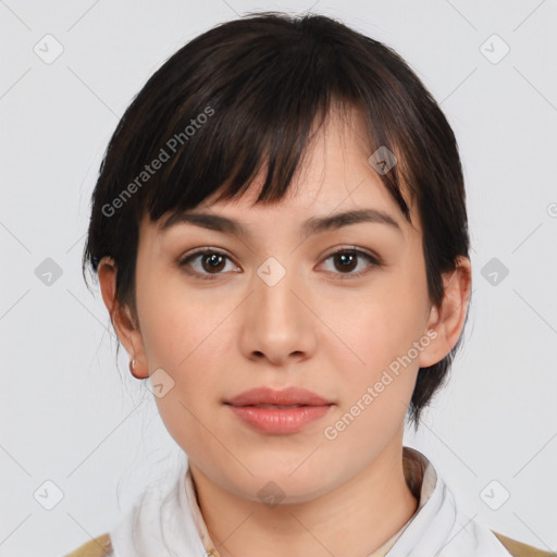 Neutral white young-adult female with medium  brown hair and brown eyes