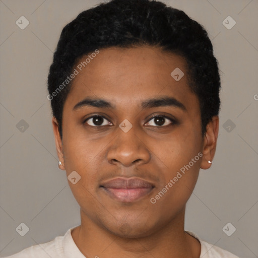 Joyful black young-adult male with short  black hair and brown eyes