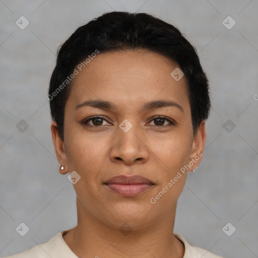 Joyful latino young-adult female with short  black hair and brown eyes