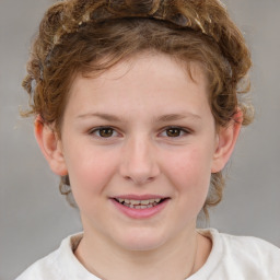 Joyful white child female with medium  brown hair and brown eyes