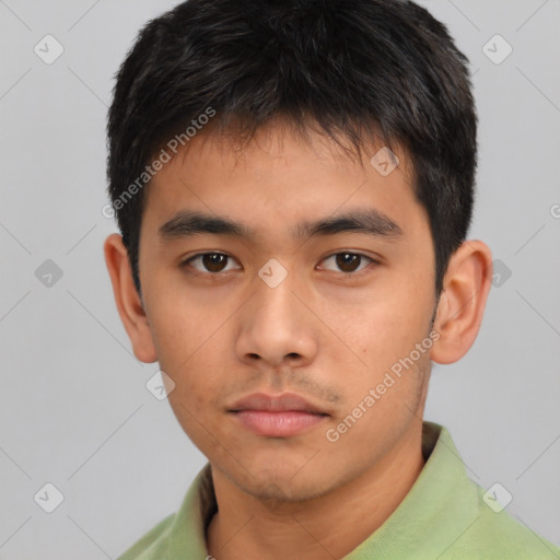 Neutral asian young-adult male with short  brown hair and brown eyes