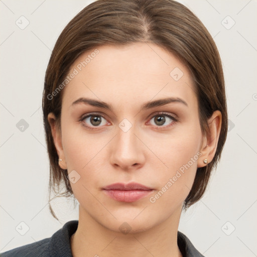 Neutral white young-adult female with medium  brown hair and brown eyes