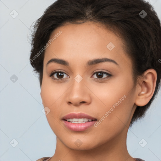 Joyful latino young-adult female with long  brown hair and brown eyes