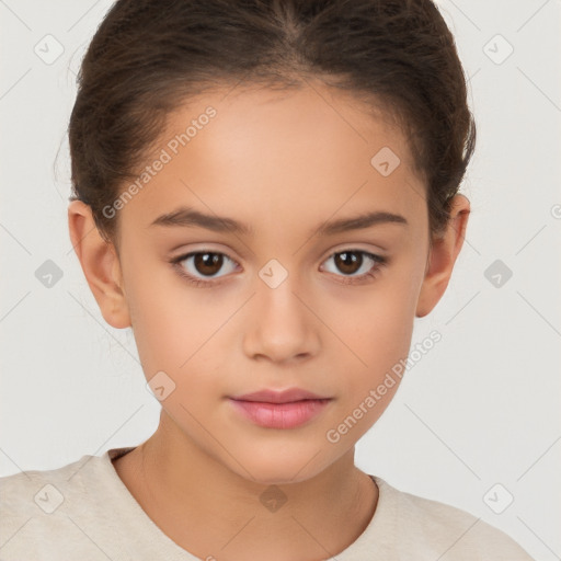 Joyful white child female with short  brown hair and brown eyes