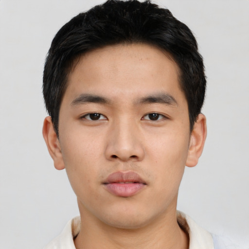 Neutral asian young-adult male with short  black hair and brown eyes