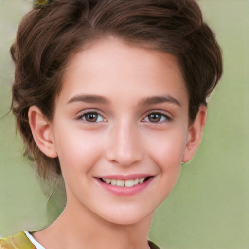 Joyful white child female with short  brown hair and brown eyes