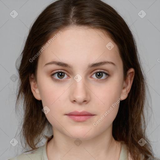 Neutral white young-adult female with medium  brown hair and brown eyes