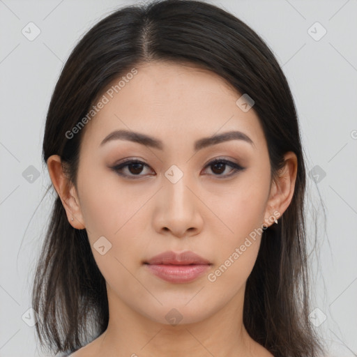 Neutral asian young-adult female with medium  brown hair and brown eyes