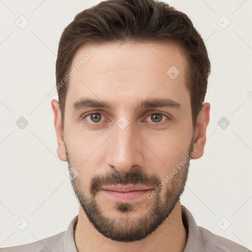 Neutral white young-adult male with short  brown hair and grey eyes