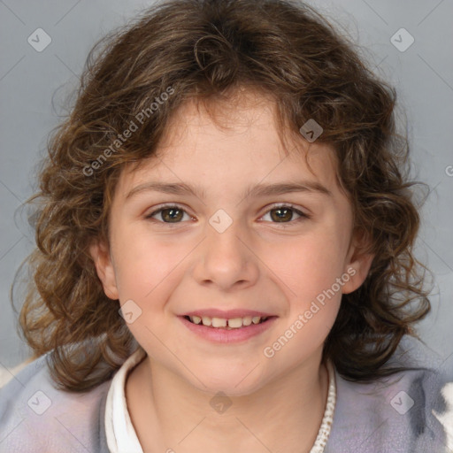 Joyful white child female with medium  brown hair and brown eyes