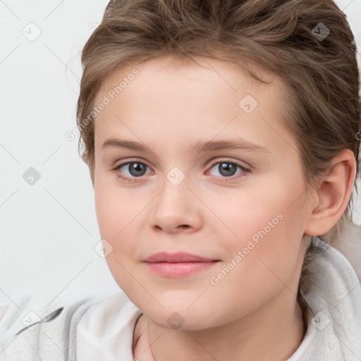 Joyful white child female with short  brown hair and brown eyes