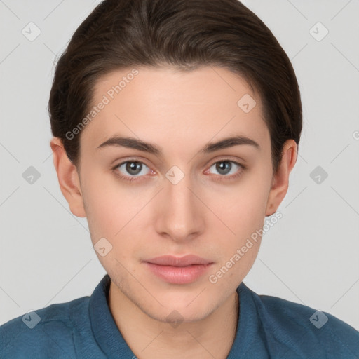 Neutral white young-adult female with short  brown hair and brown eyes