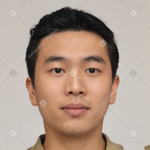 Neutral asian young-adult male with short  black hair and brown eyes