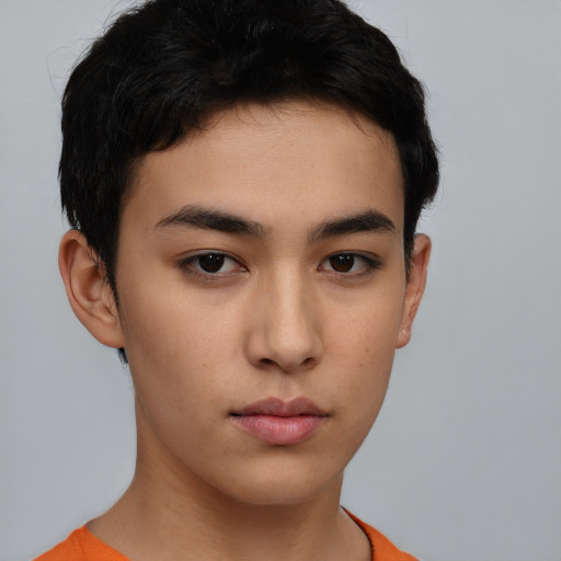 Neutral asian young-adult male with short  brown hair and brown eyes