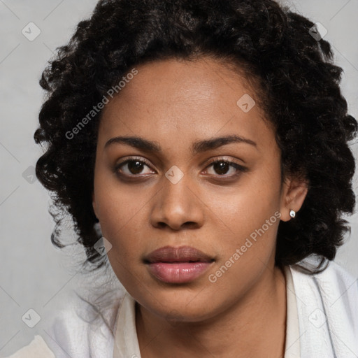 Joyful black young-adult female with medium  black hair and brown eyes