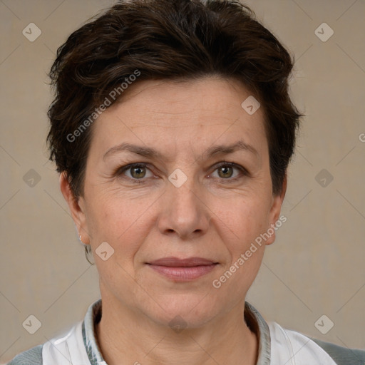 Joyful white adult female with short  brown hair and brown eyes