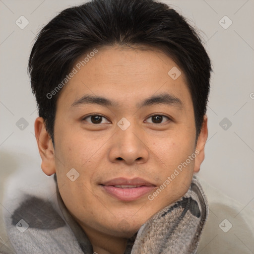 Joyful asian young-adult male with short  brown hair and brown eyes