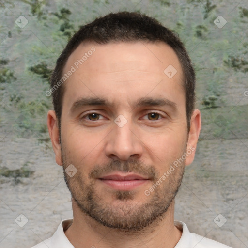 Joyful white young-adult male with short  brown hair and brown eyes