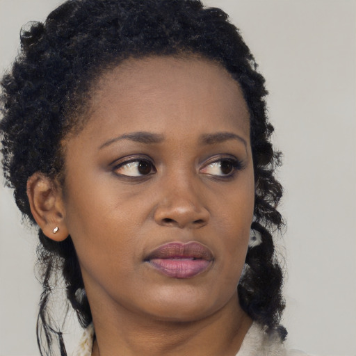 Joyful black young-adult female with long  black hair and brown eyes