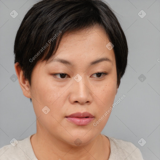 Neutral asian young-adult female with short  brown hair and brown eyes