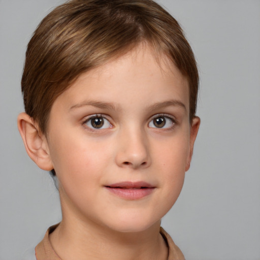 Joyful white child female with short  brown hair and brown eyes