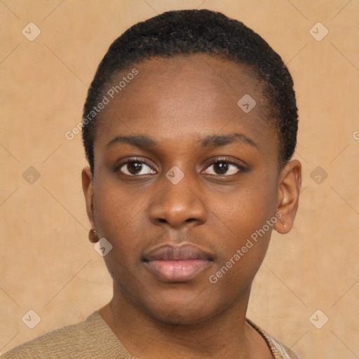 Neutral black young-adult female with short  black hair and brown eyes