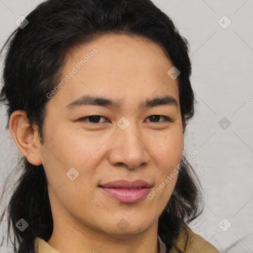 Joyful asian young-adult female with medium  brown hair and brown eyes