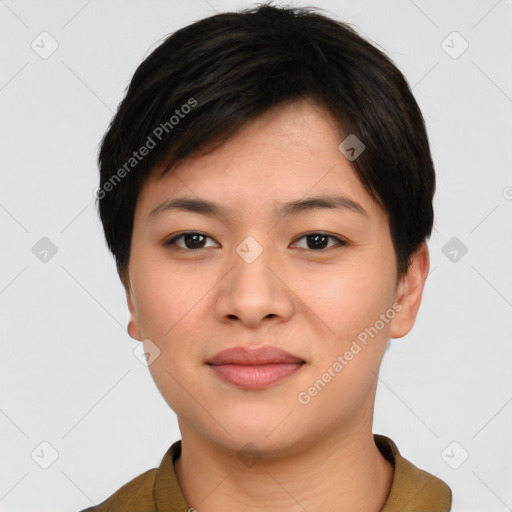 Joyful asian young-adult female with short  black hair and brown eyes