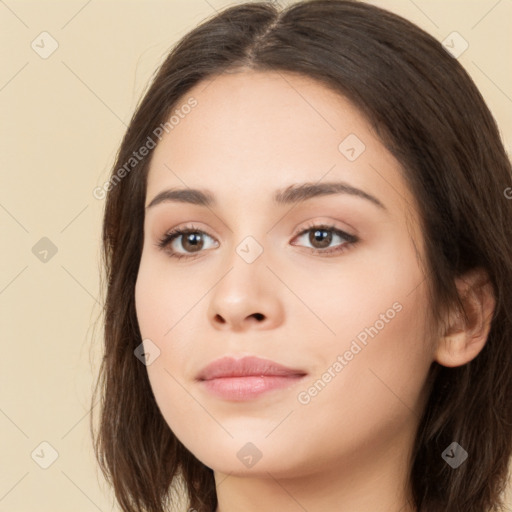 Neutral white young-adult female with long  brown hair and brown eyes