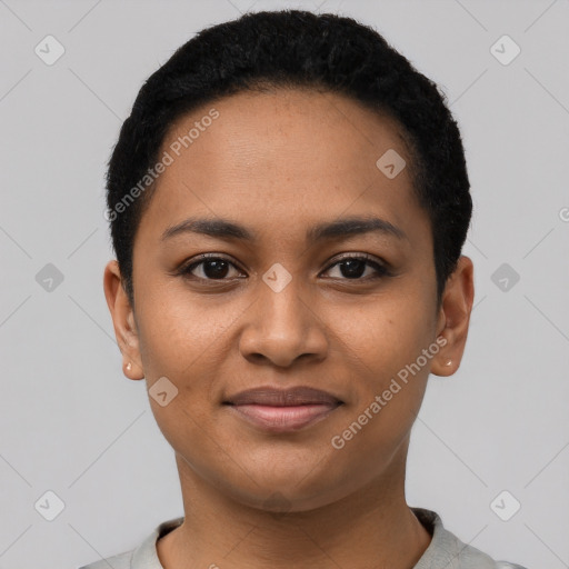 Joyful latino young-adult female with short  black hair and brown eyes