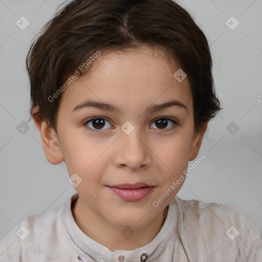 Joyful white child female with short  brown hair and brown eyes