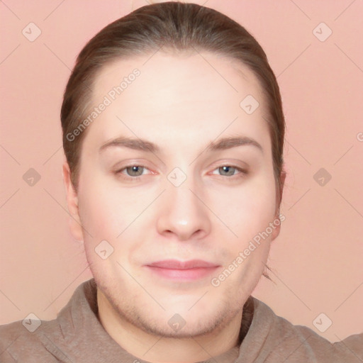 Neutral white young-adult female with short  brown hair and brown eyes