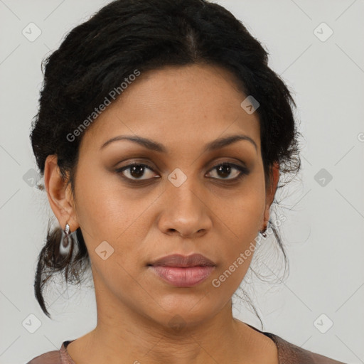 Joyful black young-adult female with medium  brown hair and brown eyes