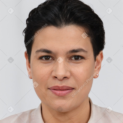 Joyful latino young-adult female with short  brown hair and brown eyes