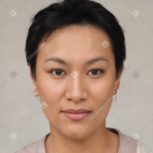 Joyful asian young-adult female with short  brown hair and brown eyes